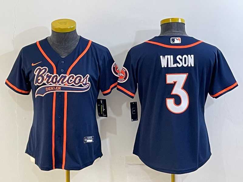 Womens Denver Broncos #3 Russell Wilson Navy Blue With Patch Cool Base Stitched Baseball Jersey->women nfl jersey->Women Jersey